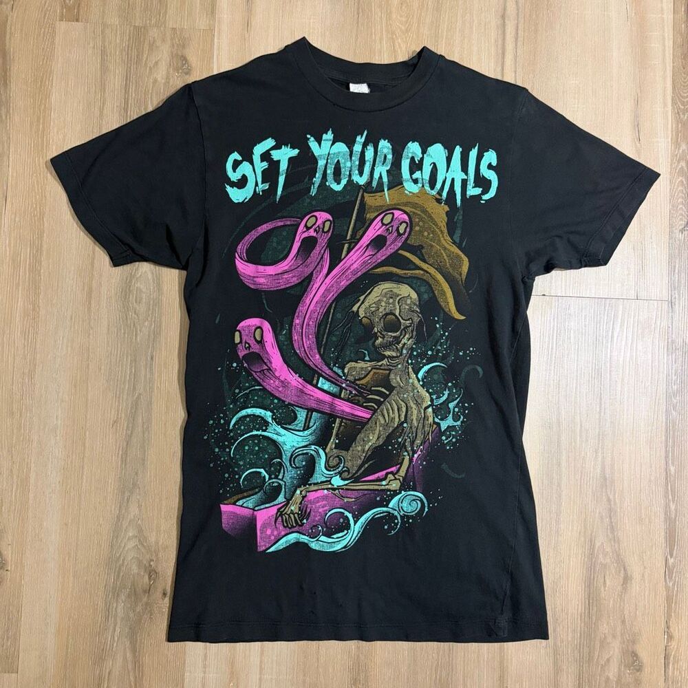Vintage Set Your Goals Y2K Pop Punk Band Shirt Sz S Grunge Hardcore Slim Fit